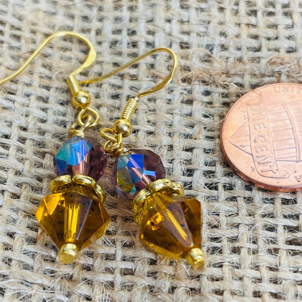 Amethyst Topaz Czech Crystals Drop Gold Pierced Artisan Earrings 1 ¾” NWOT